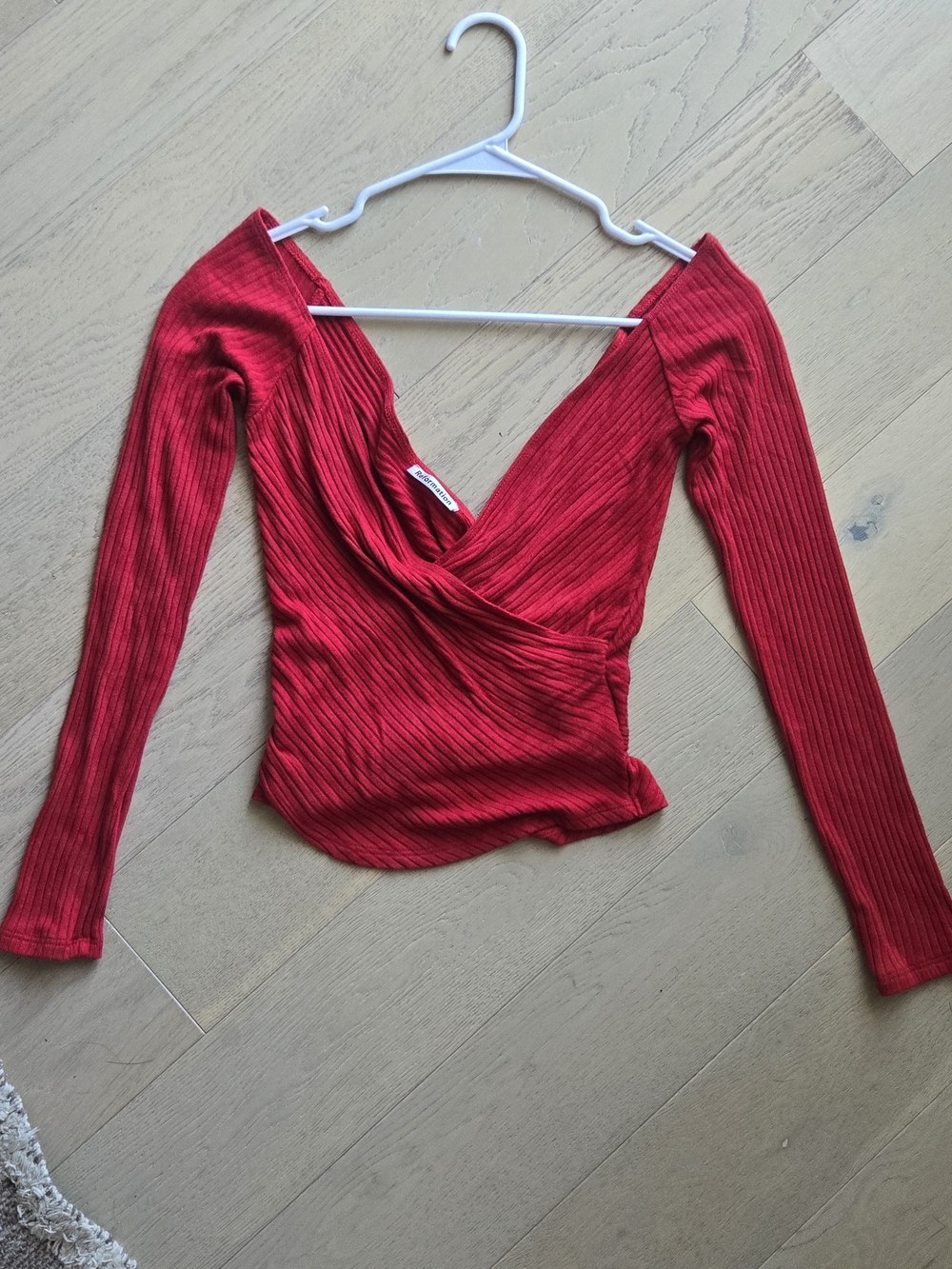 Reformation RED Ribbed Wrap V-Neck - Picture 3 of 5